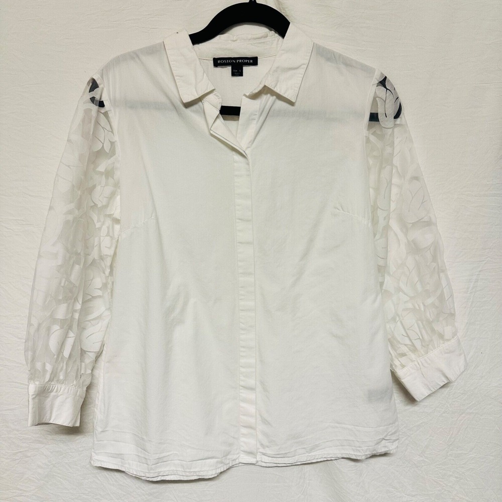 boston proper top blouse small white button down‎ lace sheer long sleeves
